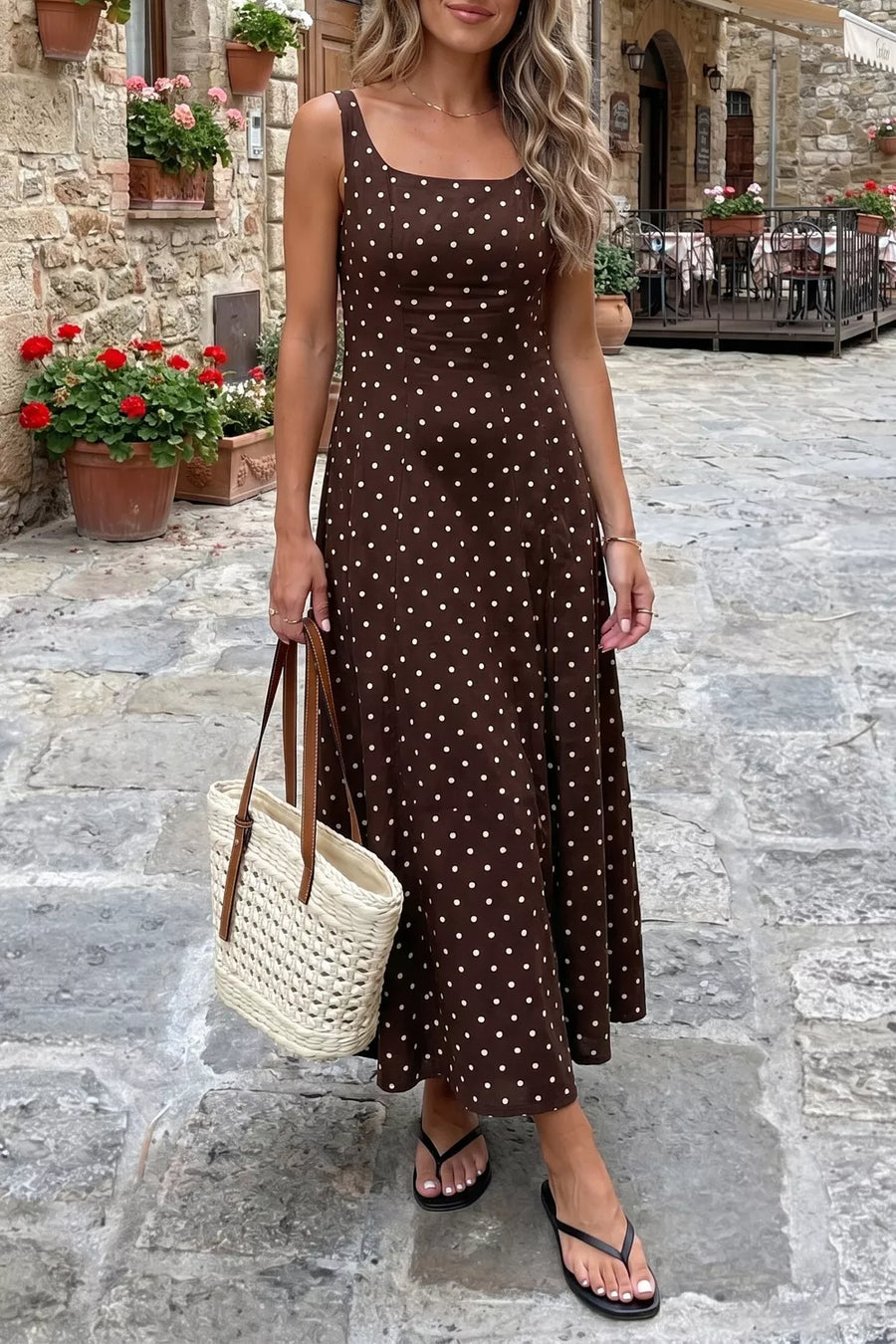 Brown polka dot midi dress with square neckline and sleeveless cut, styled with a straw tote bag.