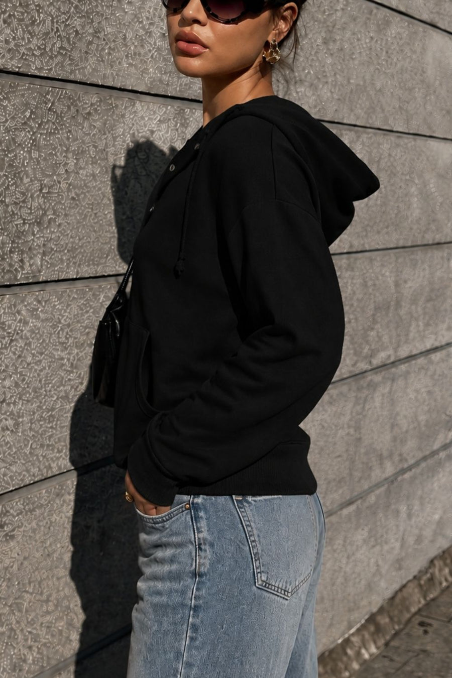 Half Snap Kangaroo Pocket Hoodie in Dark Green with kangaroo pocket