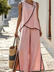 Contrast Trim Top And Slit Pants Set in Apricot