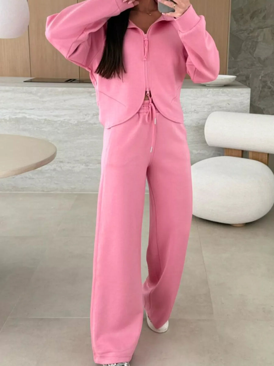 Dusty pink relaxed fit zip-up hoodie and wide-leg drawstring pants set
