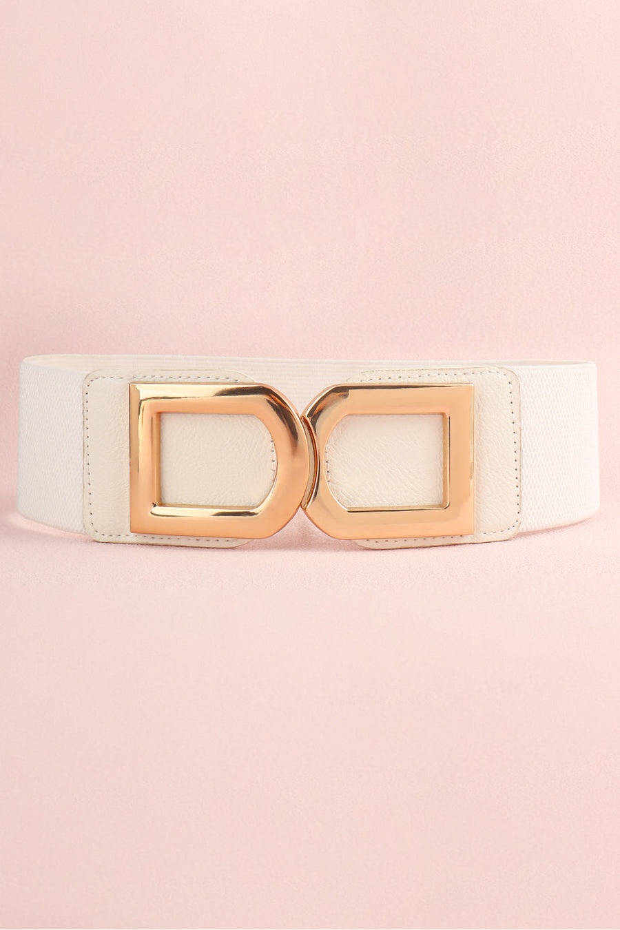 White elastic belt with double gold D-shaped buckle