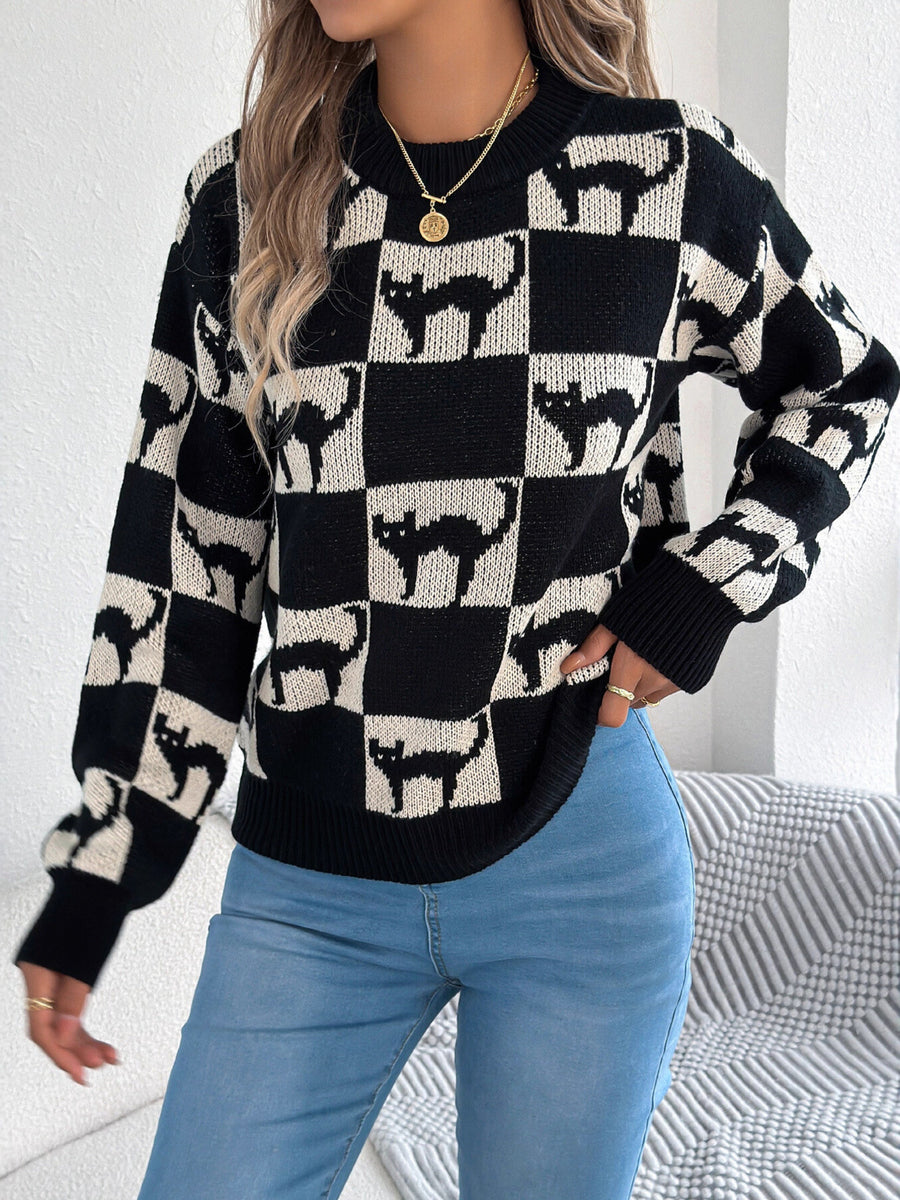 Checkerboard Halloween Graphic Sweater in Beige