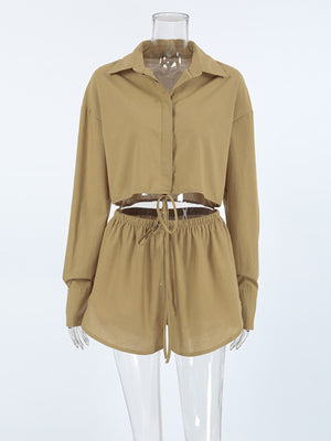 Khaki cotton cropped long sleeve button-up top and drawstring shorts set