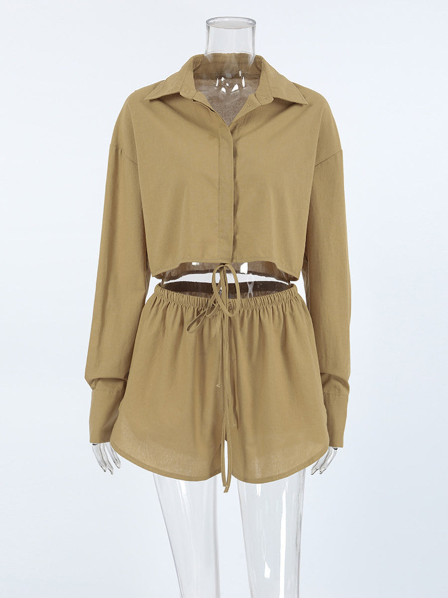 Khaki cotton cropped long sleeve button-up top and drawstring shorts set