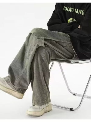 Vintage-inspired wide-leg cargo jeans in faded grey denim with utility pockets.