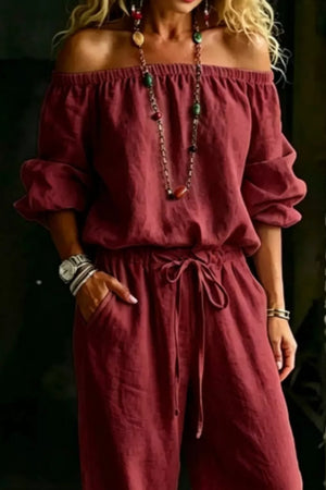 Burgundy off-shoulder two-piece set with drawstring waist and balloon sleeves