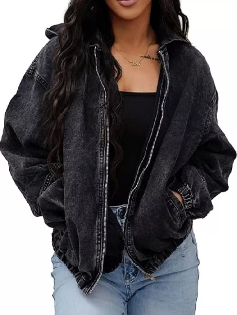 denim jacket in charcoal featuring oversized and oversized fit