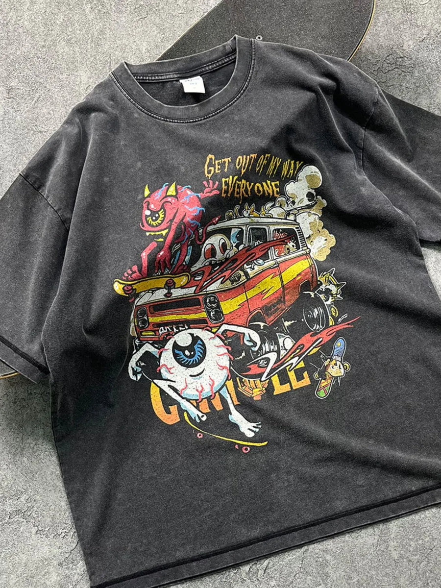 Black acid wash graphic tee with cartoon print and text Get Out Of My Way Everyone