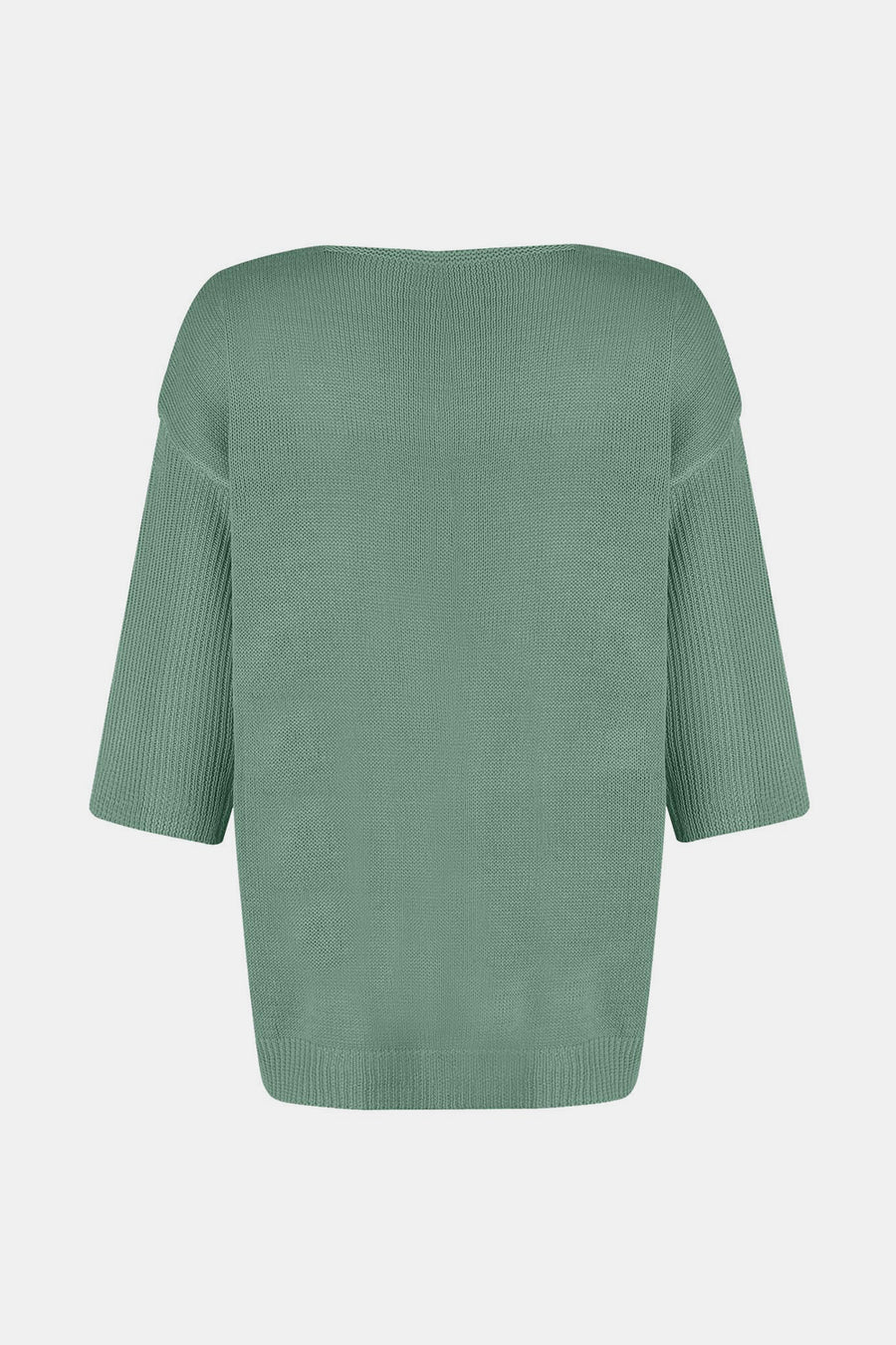 Flared sleeve V-neck knit sweater in Gum Leaf with ribbed cuffs and hem.