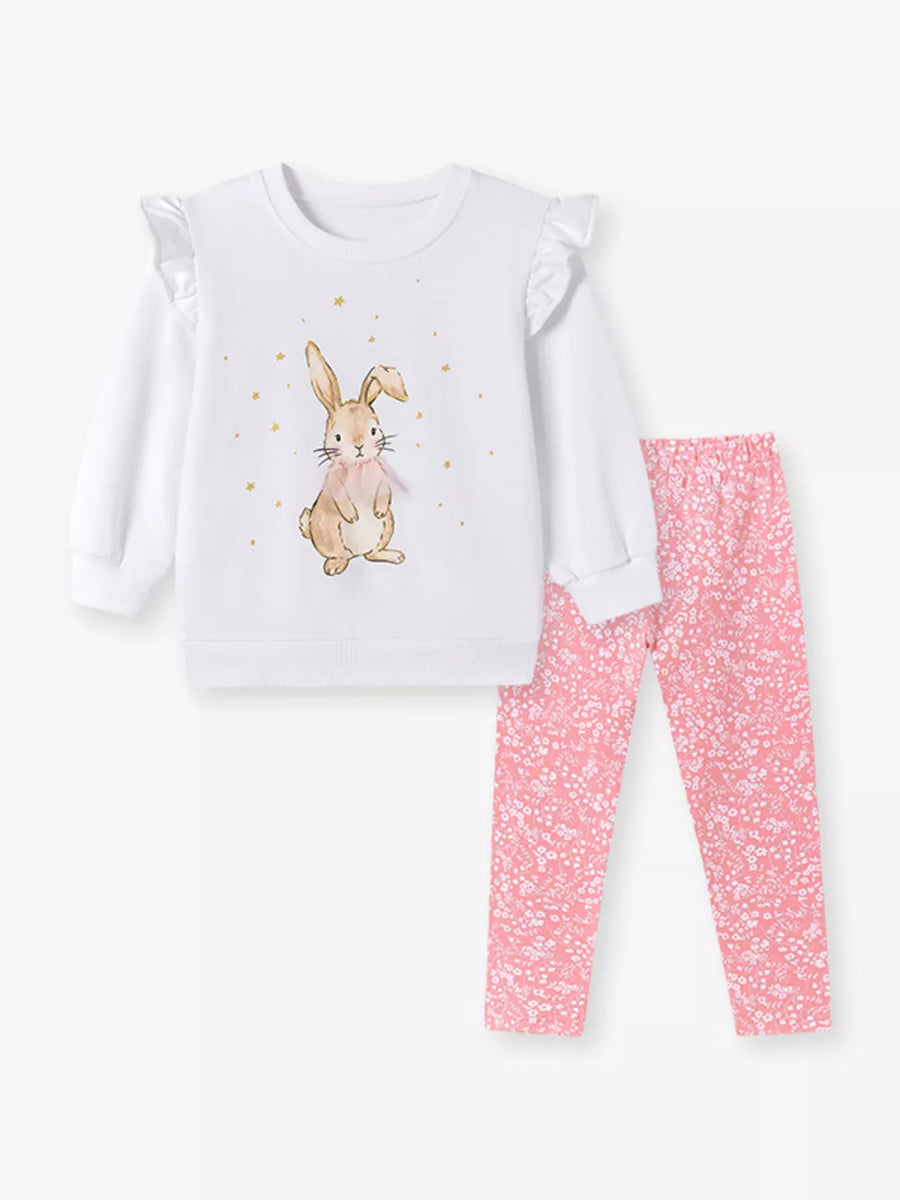 Children's Bunny Graphic Sweatshirt And Leggings Set in White