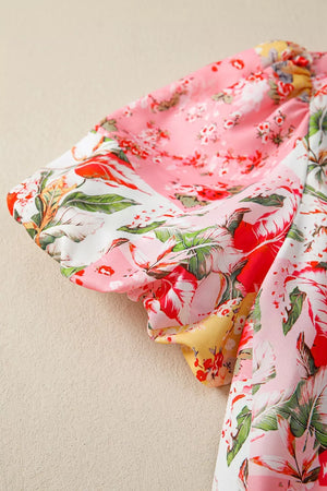 Contrast Collared V Neck Short Sleeve Floral Blouse option 8
