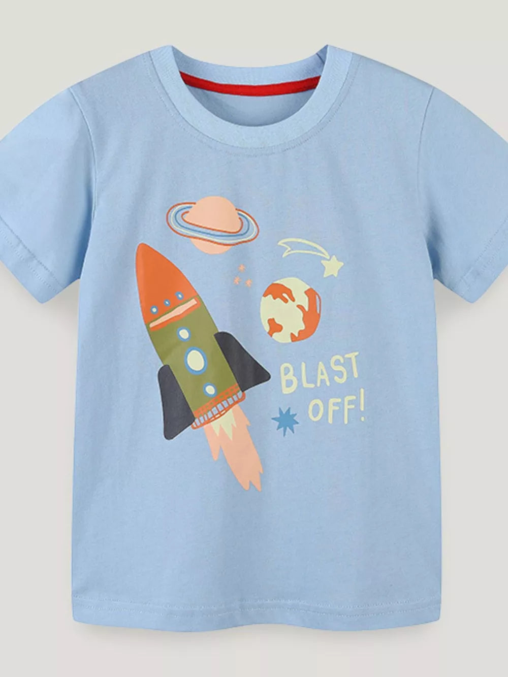 Light blue cotton crew neck t-shirt with a space adventure graphic and "BLAST OFF!" text.
