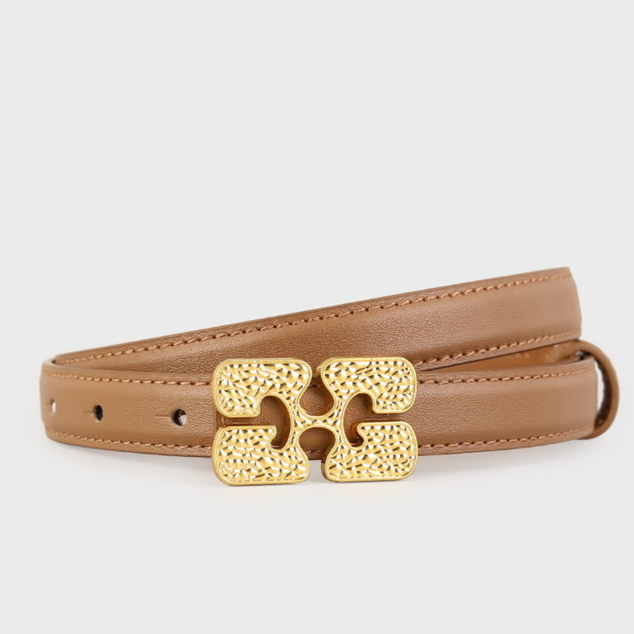 Brown cowhide leather belt with textured gold buckle