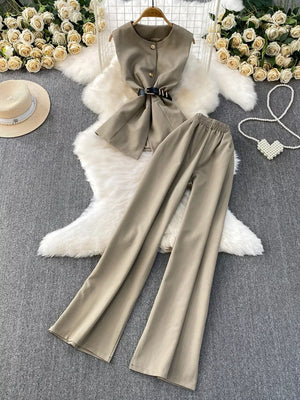 Mocha belted sleeveless vest and wide-leg pants set with pockets
