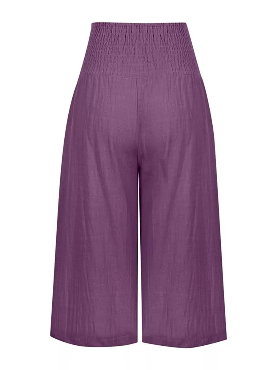 Purple linen wide-leg cropped pants with smocked high waist