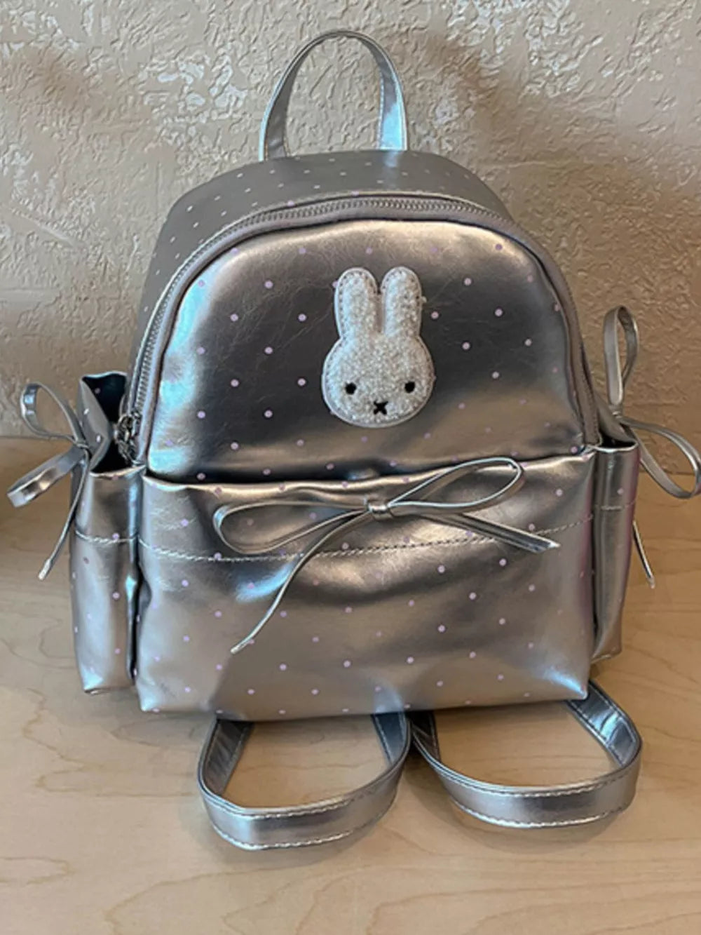 backpack featuring polka dot in Silver with PU Leather Imported Size &amp texture