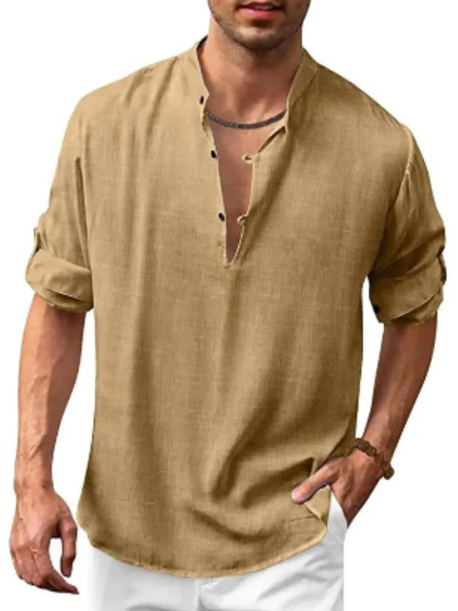 Camel linen henley shirt with mandarin collar and roll-up sleeves.