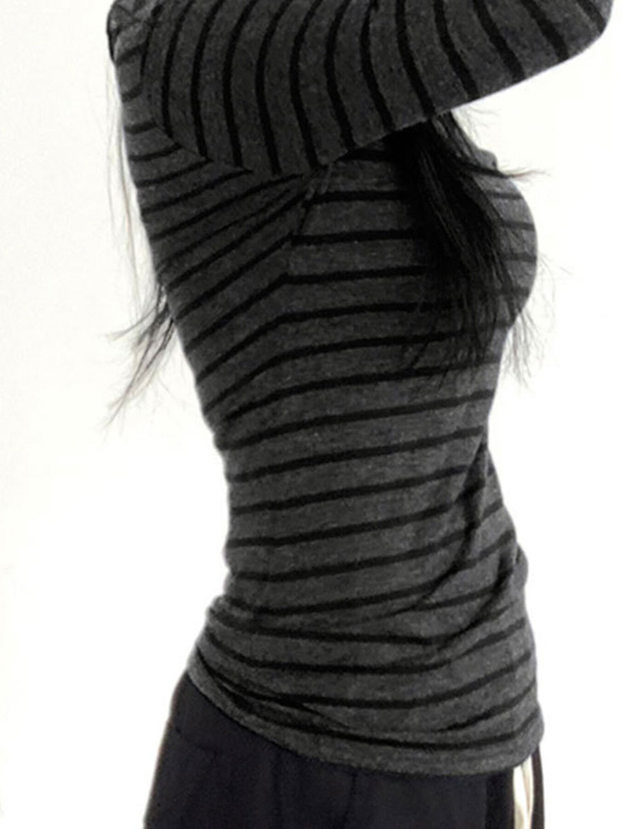 Striped boat neck t-shirt with long sleeves in charcoal grey and black.
