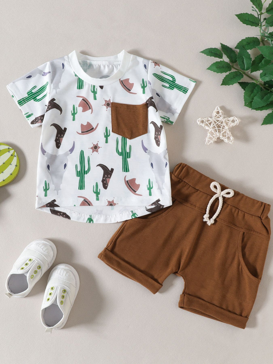 Baby set with cactus cowboy print white tee and brown shorts