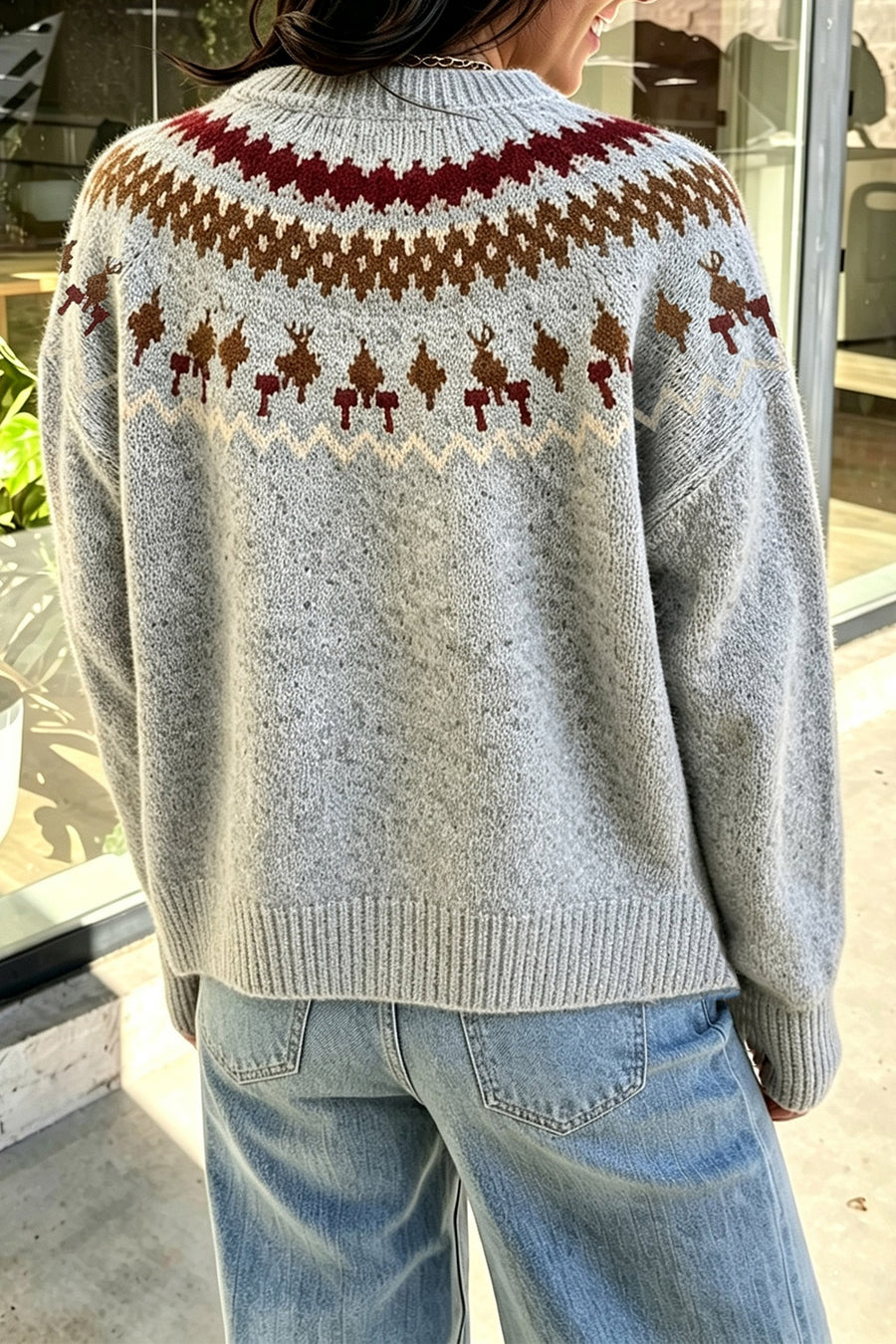 burgundy pullover sweater featuring stretch and Fair Isle