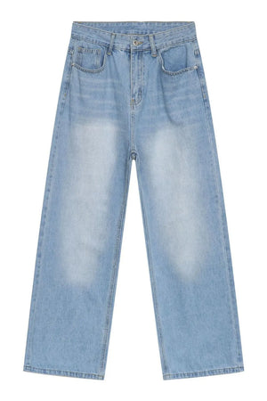 Faded light blue denim baggy jeans with a casual, relaxed fit.