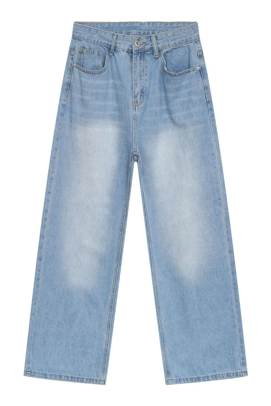Faded light blue denim baggy jeans with a casual, relaxed fit.