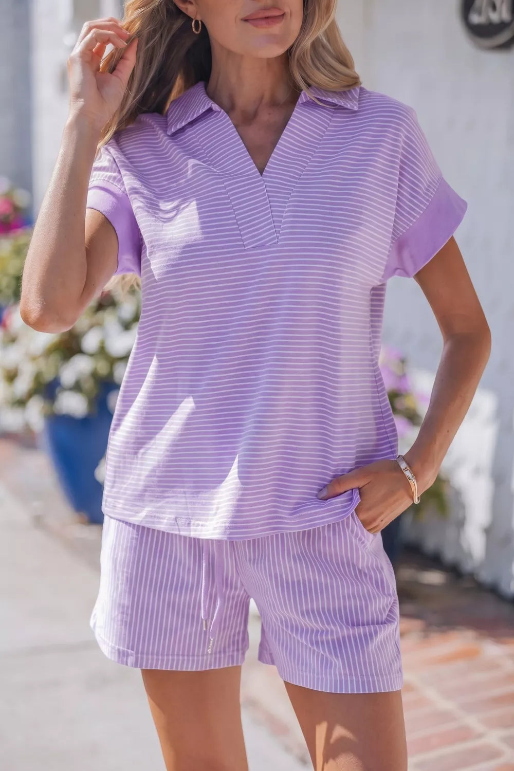 Lavender striped cotton polo shirt and drawstring shorts loungewear set for women.