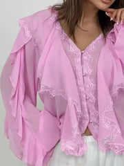 V-neck Ruffled Lace Trim Blouse in Pink with lace trim