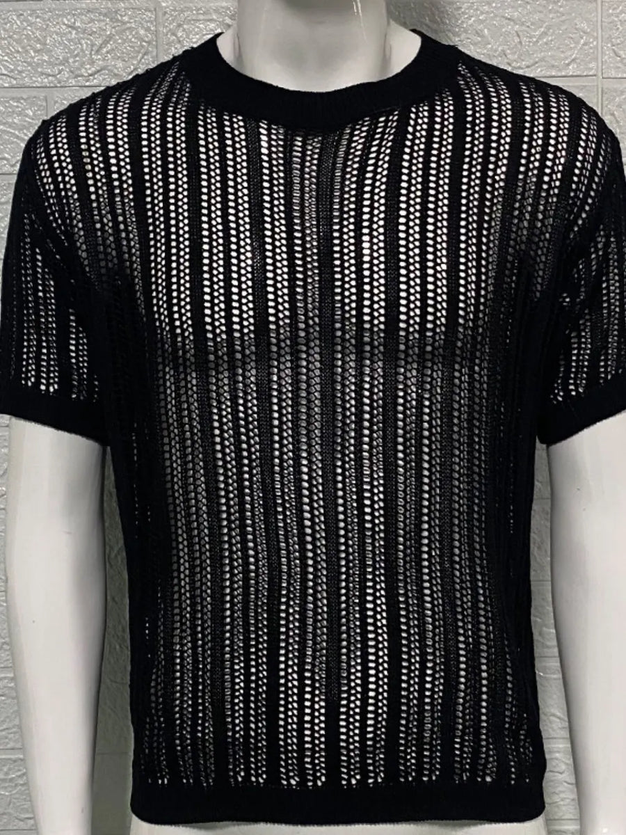Black open-knit boxy crew neck sweater with short sleeves and vertical stripe pattern.