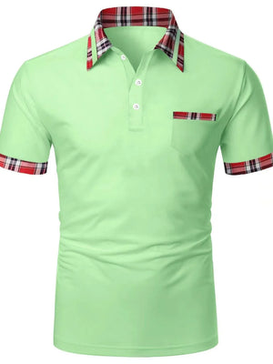 Light blue polo shirt with plaid trim on collar, pocket and sleeves.