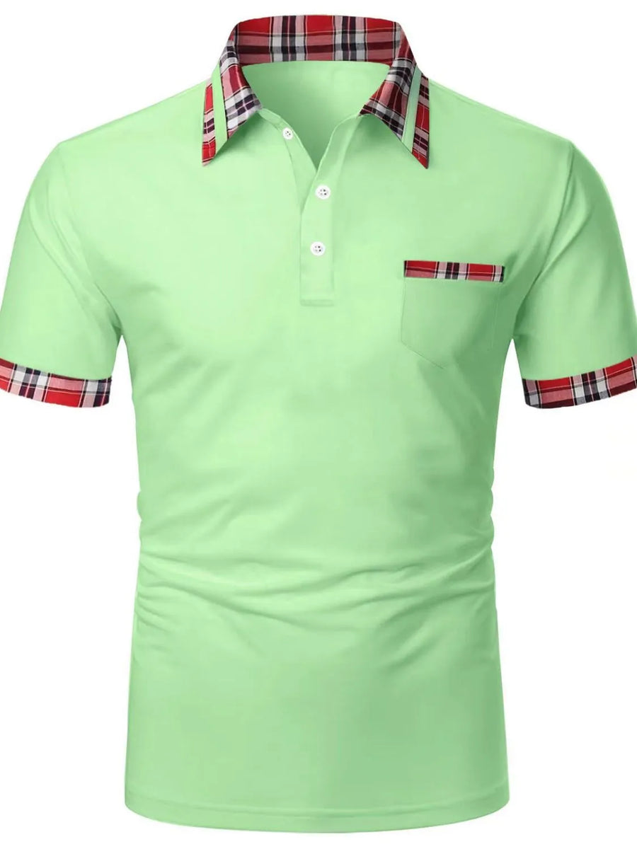 Light blue polo shirt with plaid trim on collar, pocket and sleeves.