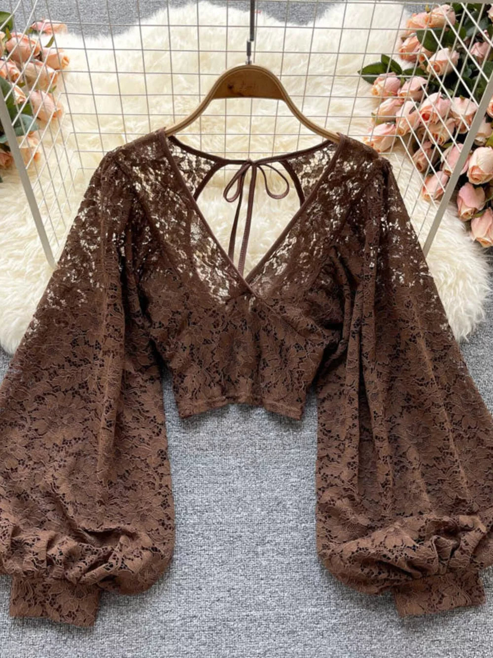 Sheer floral lace cropped shirt in curry with balloon sleeves and back tie detail