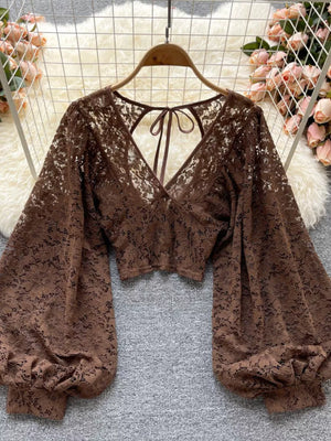 Sheer floral lace cropped shirt in curry with balloon sleeves and back tie detail