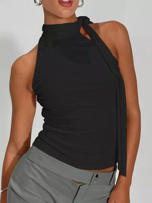 Black halter neck tank top with tie detail