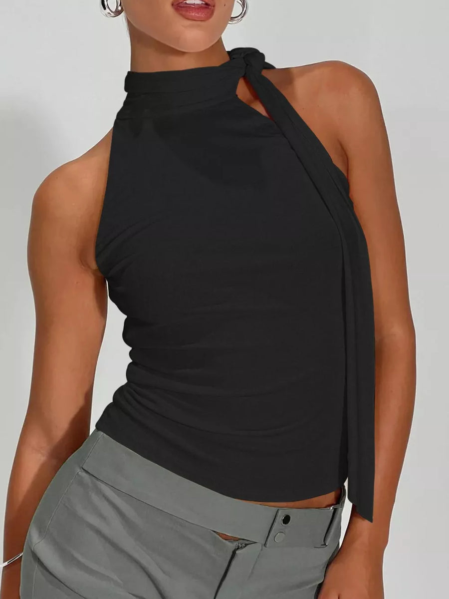 Black halter neck tank top with tie detail