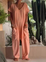 Pink Loose Fit V-neck Short Sleeve Wide Leg Jumpsuit
