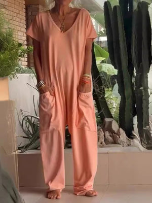Pink Loose Fit V-neck Short Sleeve Wide Leg Jumpsuit