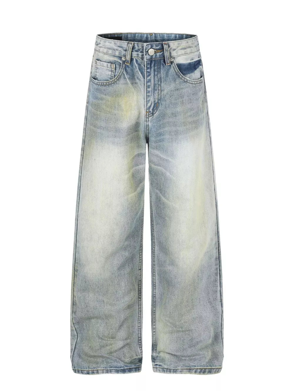 Men's light blue wide leg denim jeans with vintage wash and distressed details.