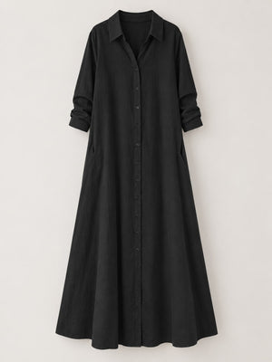 Button Front Long Sleeve Maxi Shirt Dress Plus Size in Black with pocketed