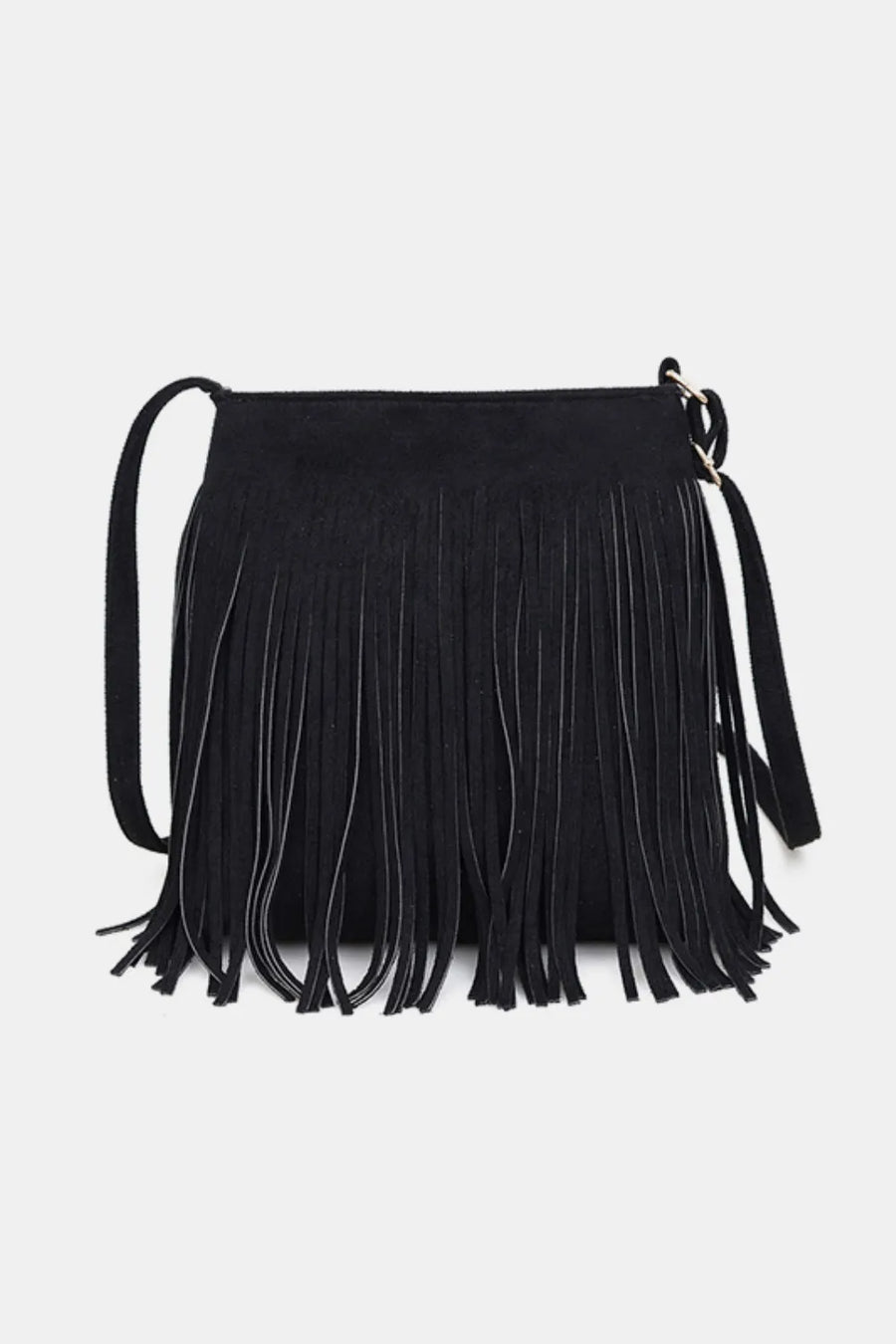 Black suede crossbody bag with long fringe detail and adjustable strap.