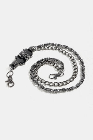 Gothic chain belt in black with skull detail, featuring alloy metal and leather accents.