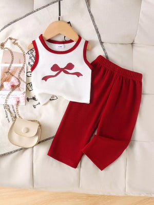 玫红色 Children's Ribbed Bow Tank Top And Pants Set