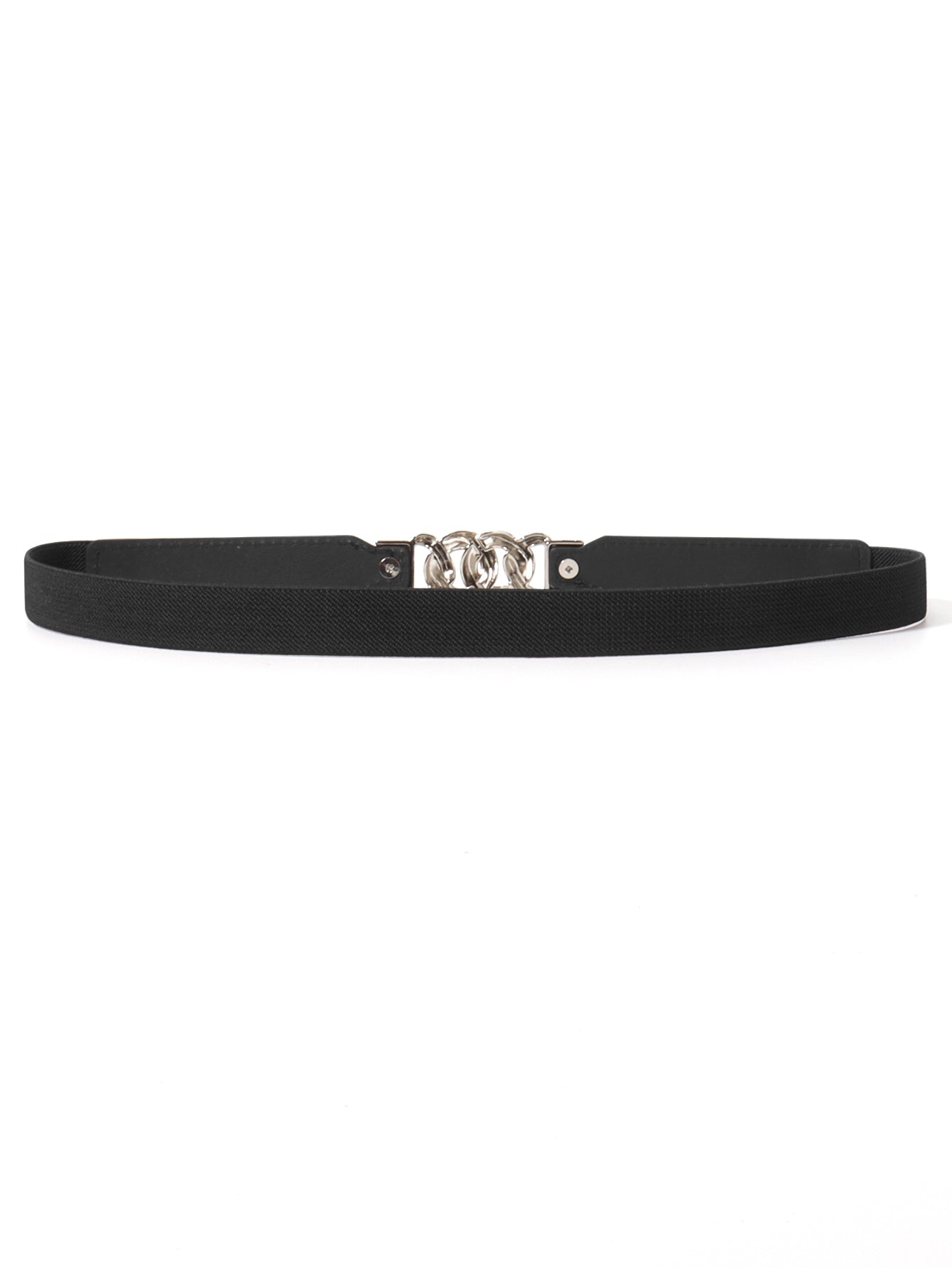 Black faux leather belt with silver chain detail and silver buckle