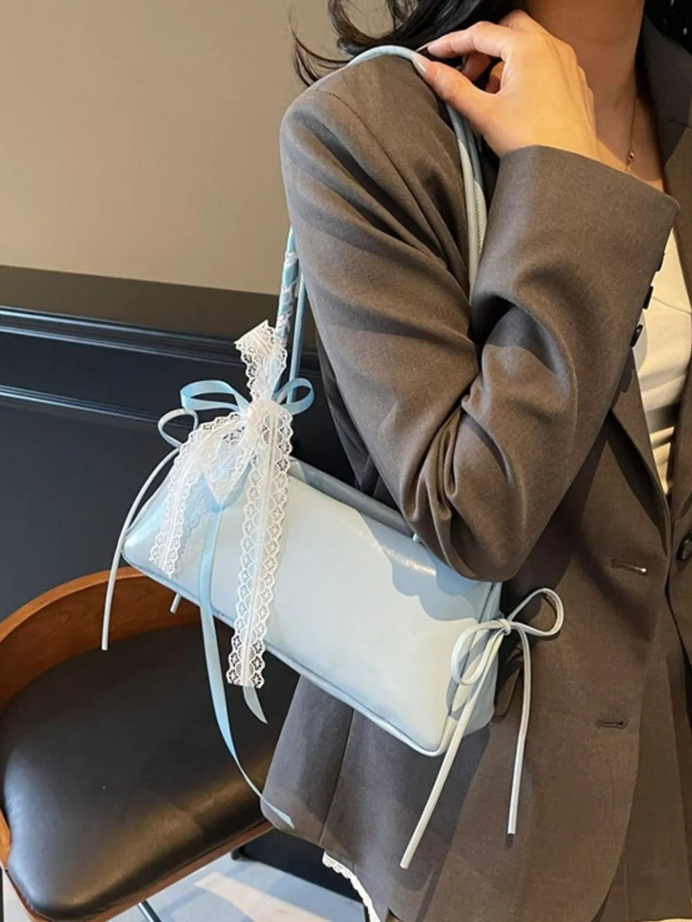 PU Leather Imported Size &amp shoulder bag in baby blue with boxy silhouette