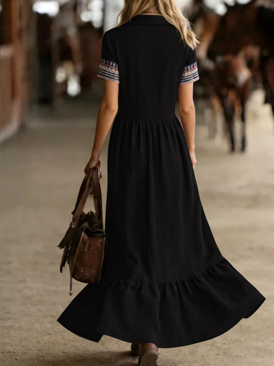 Burgundy maxi dress with ruffled and short sleeve