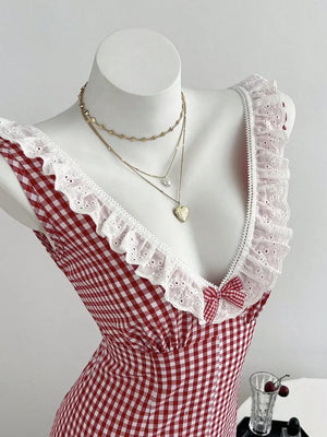 romper in Red with gingham and ruffled