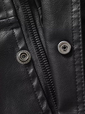 Black faux leather jacket detail with zip and snap buttons