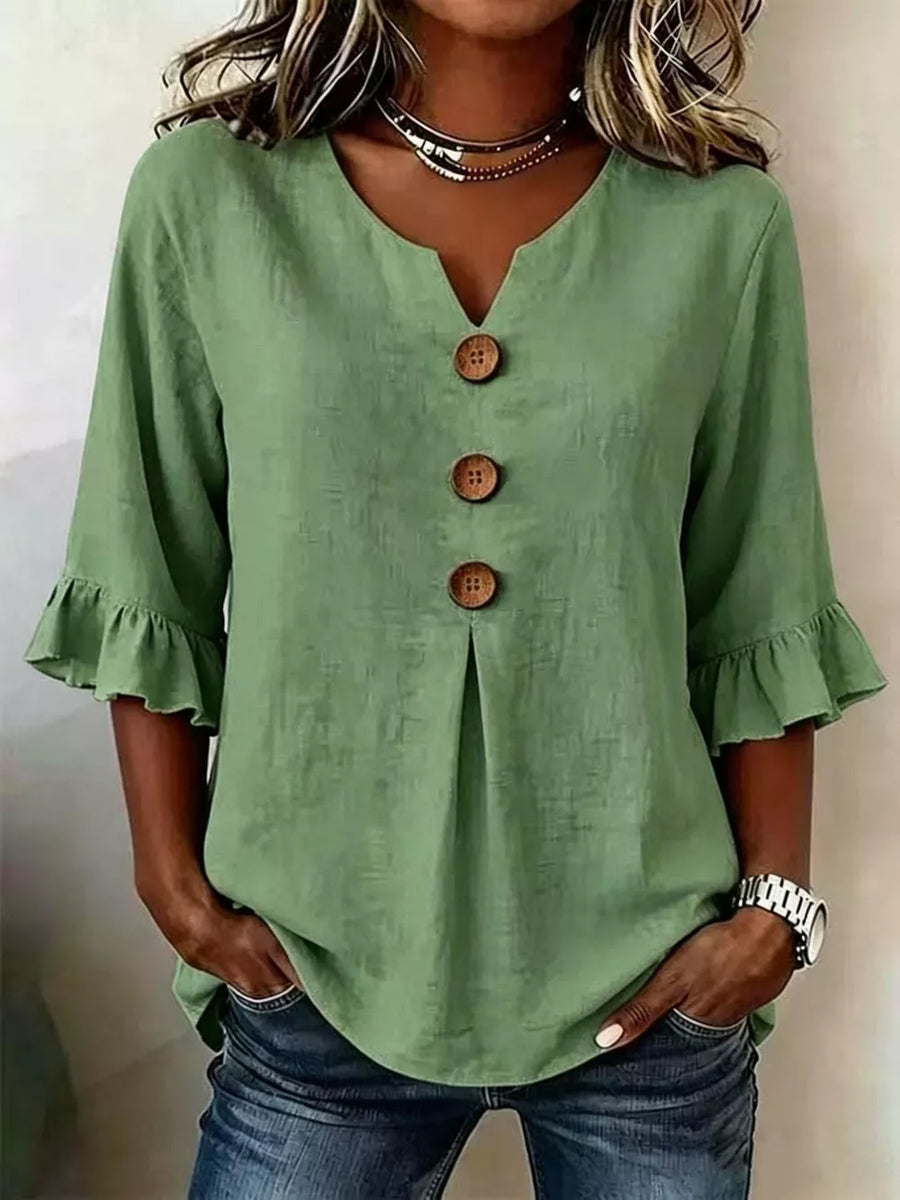 Green Casual Ruffle-sleeve Decor-button Top Plus Size