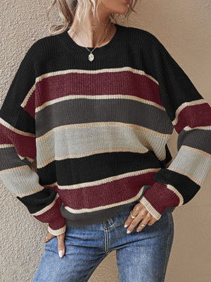 Apricot crewneck sweater with ribbed knit and long sleeve