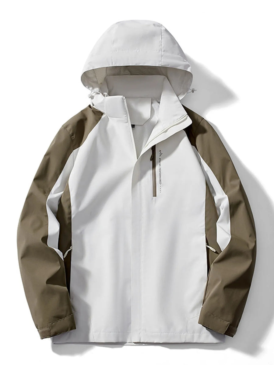 Men's white and brown waterproof jacket with hood and zip pocket.